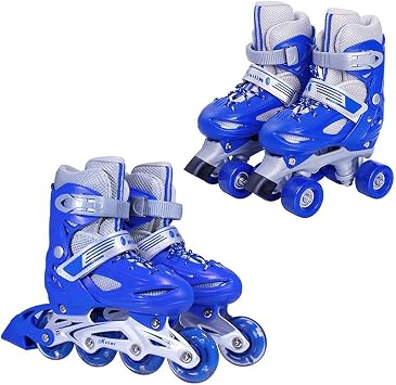 MU 2 in 1 Inline Skates and Double Row Ice Skates with Light up Wheels Adjustable Roller Skates Beginner Roller Fun Flashing Illuminating Roller Skates for Kids Boys and Girls,Blue,Xs-XSmall