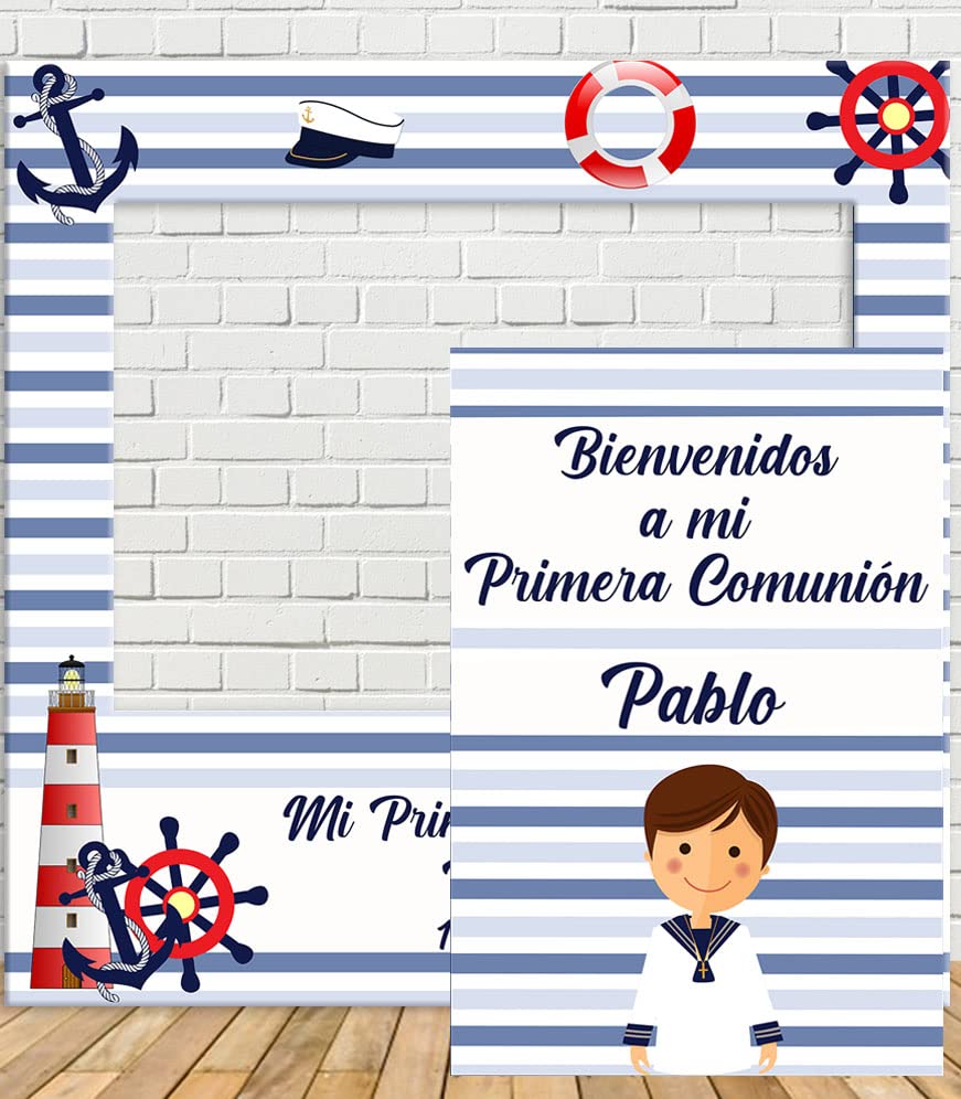 Tu Fiesta Mola Mazo Photocall de Comunión de Rayas marineras 100x100cm| Photocall Económico y Original | Detalles Comunión| Personalizable
