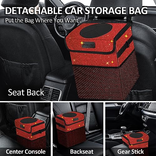 Image of Car Trash Can, Cute Mini Trash Bag With Lid, Glitter Garbage Bin Hanging for Back /Front Seat /Console, Waterproof, Leakproof, 2.5 Gallon, Red Bling Sparkly