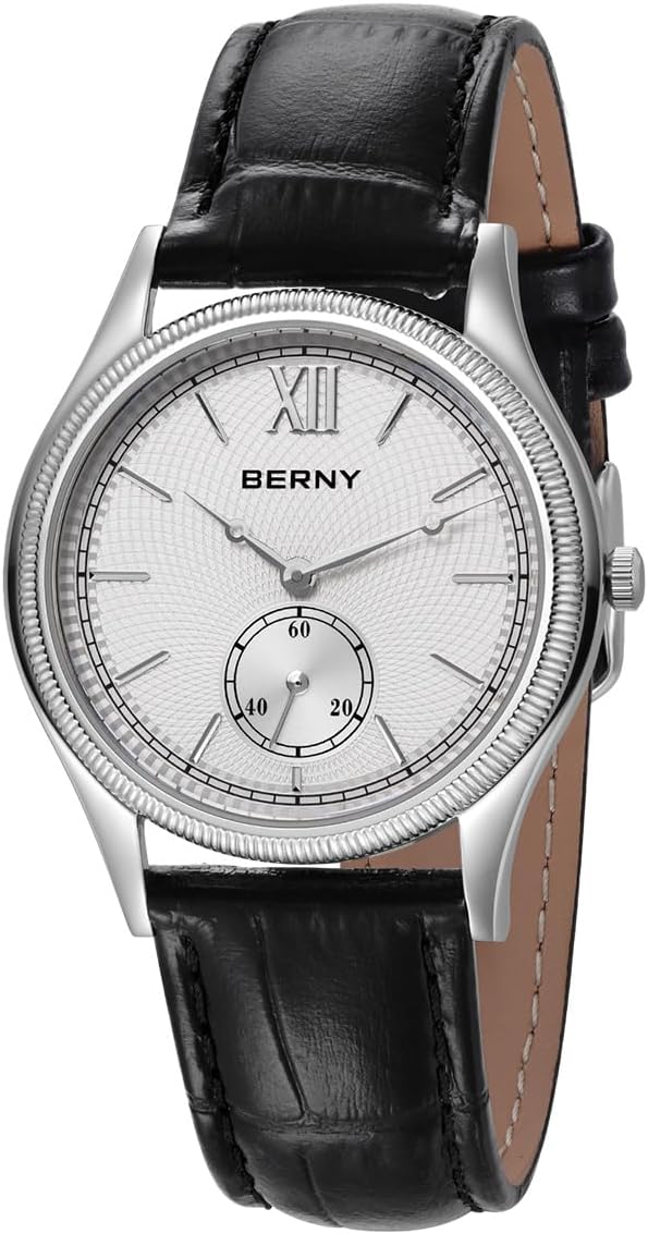 BERNY Quartz Silver Watch for Men, Vintage Style 3ATM Waterproof Wristwatch