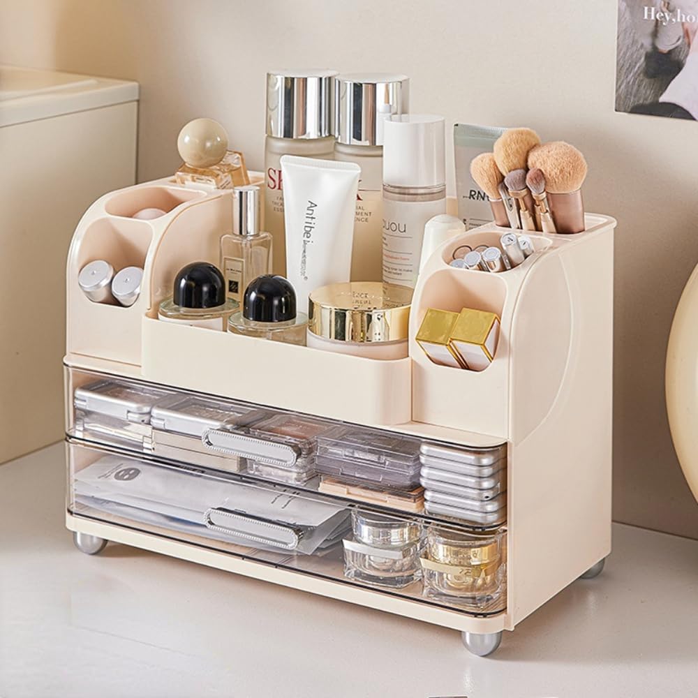 Extra Large Makeup Organizer with 2 Wide Drawers Divided Top Compartment, Spacious Cosmetic Display Case, 4 Colors Skincare Storage box for Vanity and Countertop (White)