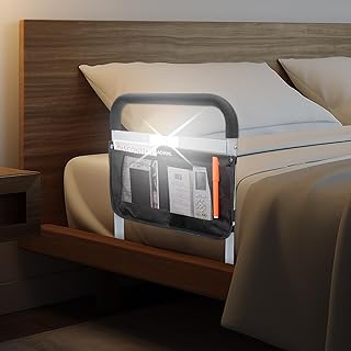 Bed Rails for Elderly Adults Safety with Light Adjustable Heights Storage Pocket Assist Support Side Railings for Seniors Citizens Slides Under Mattressbed Cane Bed Guard (White with Light)