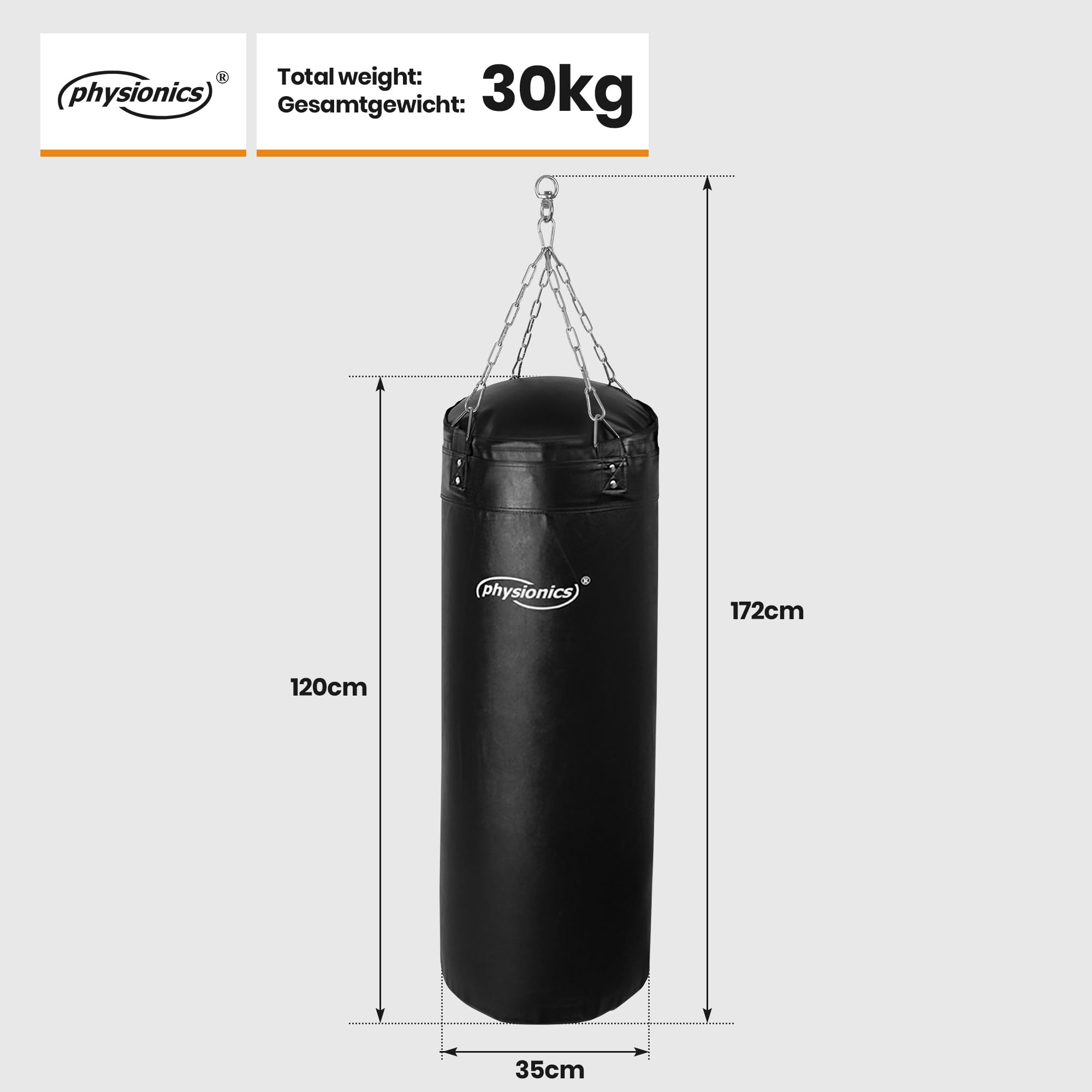 Physionics® Sac Frappe - Rempli, 100cm/120cm, 27kg/30kg, 4 Chaînettes, 2 Mousquetons et Crochet Pivotant - Boxe Adulte, Punching Bag, MMA, Muay Thai, Kickboxing, Arts Martiaux