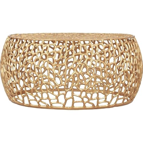 Meridian Furniture Priya Collection Modern | Contemporary Solid Aluminum Round Coffee Table With Intricate Design, 35" W X 35" D X 16" H, Gold #TOP25