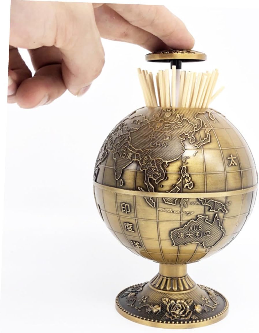 Hemoton Press-type Toothpick Holder Case with Retro Sphere Design, Small Toothpick Container with Map Pattern, Automatic Dispenser for Home and Restaurant Use, Antique Copper Finish