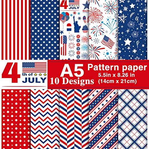 Morcheiong 60 Sheets 4th of July Pattern Paper Set 10 Designs Decorative Paper Double-Sided Craft Origami Paper for Independence Day Scrapbooking Card Making Crafting A5 Size