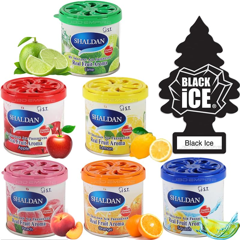 My Shaldan 6 pack Assorted Scent Car Air Freshener (Apple, Lemon, Lime, Peach, Orange, Squash Scents) and Black Ice Little Tree