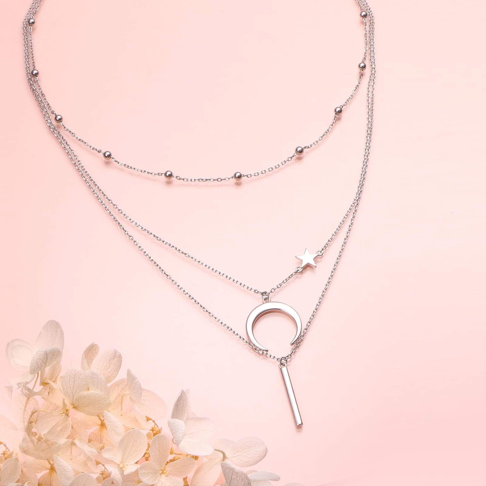 Collane a strati da donna in argento Sterling 925 multistrato collana con ciondolo a forma di stella a mezzaluna bar per donne collana lunga gioielli da donna, Argento sterling