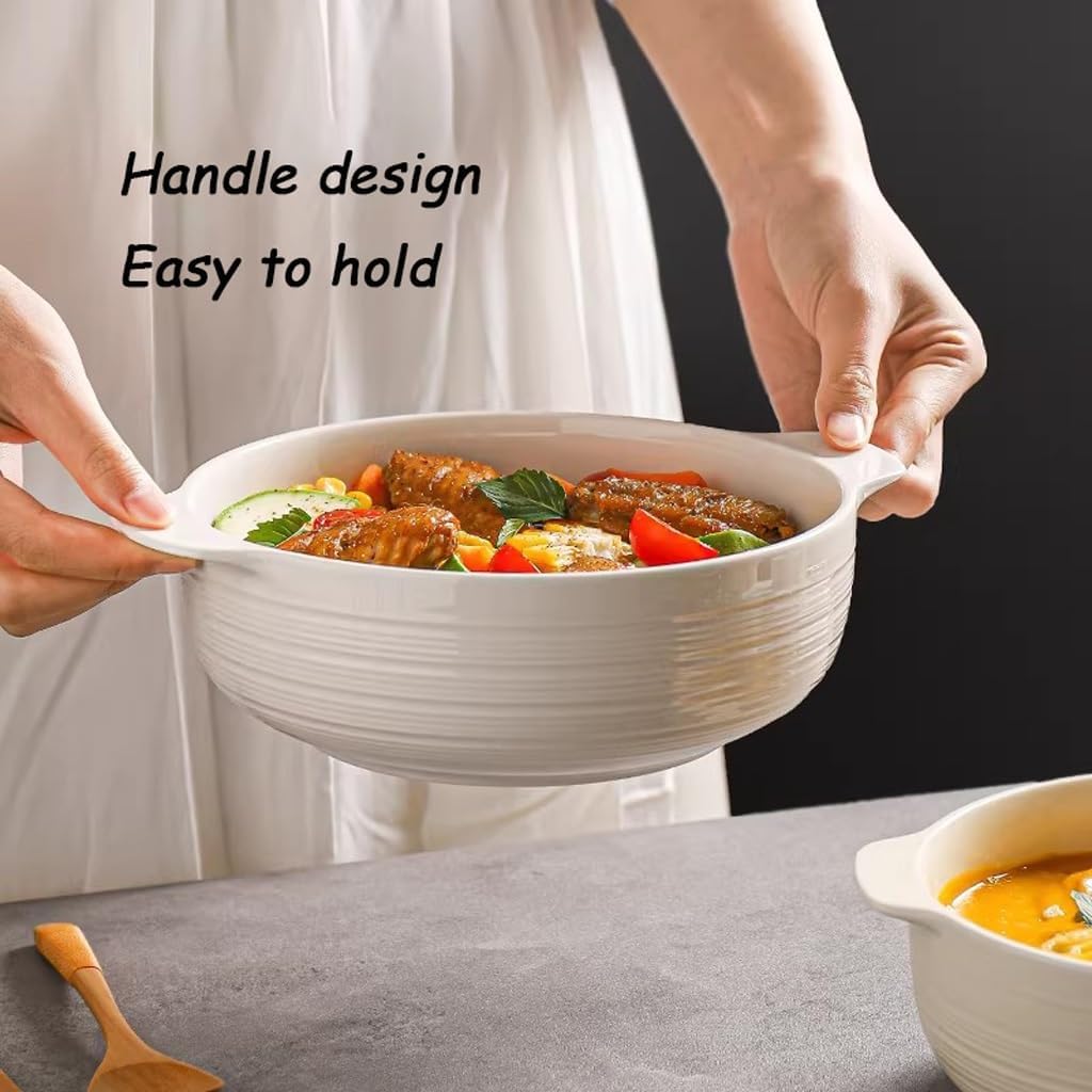 Bowls For Soup, Bowl with Handle, 1300ml Ceramic White Large for Soups, Stews, Pasta, Set of 2