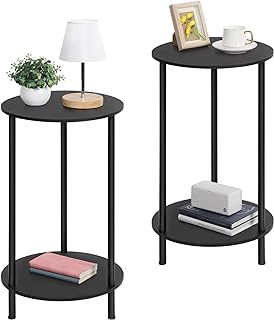 Small Round Side Table for Living Room, 2 Tiers Farmhouse End Tables Set Of 2 Accent Tables For Small Spaces, Night Stands for Bedrooms, Coffee Tables With Storage Shelf, Easy Assembly