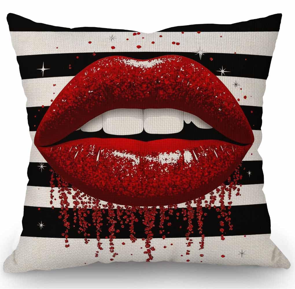 SSOIU Glitter Lips Biting Sexy Red Black White Stripes Farmhouse Decorative Throw Pillow Covers for Sofa Couch Home Decoration 18x18 inches