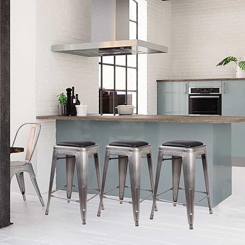 Miniatura 222 de GIA Taburete de mostrador sin respaldo de 24 pulgadas, cantidad de 4, bronce con asiento de madera clara Negro -,Café,Gris,gris, (Gun