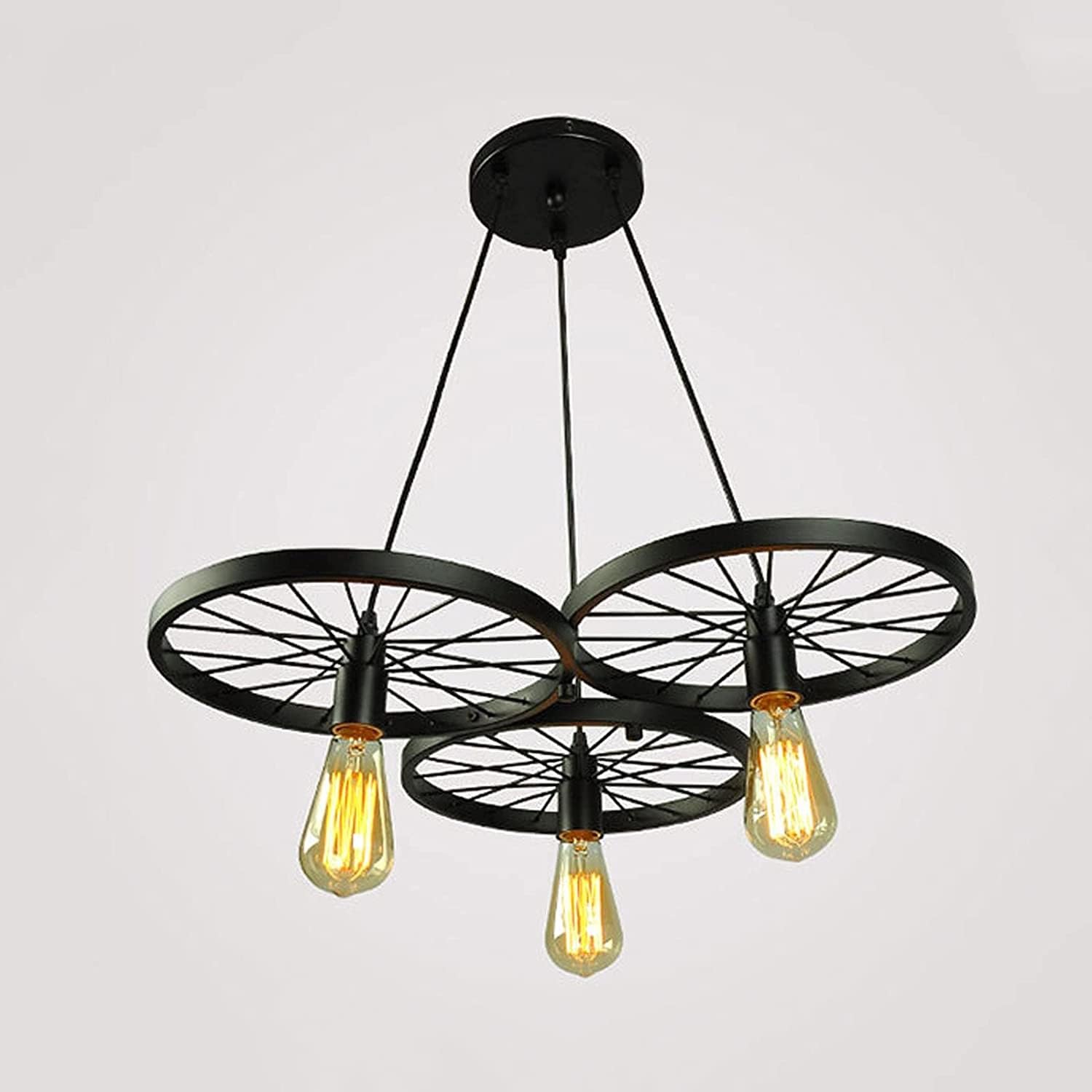 BLOOHK Industrial 3-Light Wagon Wheel Pendant Chandelier, Retro Bicycle Wheel Hanging Lamp, Rustic Black Ceiling Fixture for Dining Room, Kitchen Island, Bar, Shop