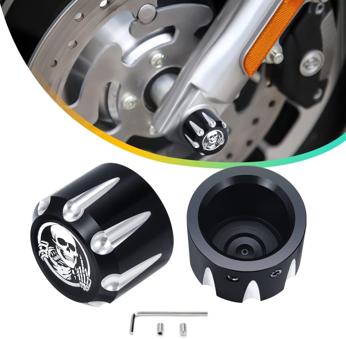 2 Pack Front Axle Nut Cover Axle Caps Set, Aluminum CNC Front Axle Nut Cover Cap Skull Style Compatible with 2002-2022 Harley Sportster Softail Electra Road Street Glide
