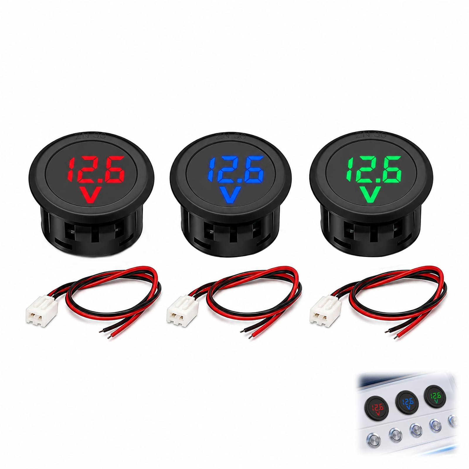 3-teiliges digitales Voltmeter DC 4 100 V, LED-Voltmeter, rund, Spannungsanzeige, rot, blau, grün, für Auto, Motorrad, Wohnmobil, Boot, Solarsystem, Armaturenbrett und DIY-Elektronik-Projekt