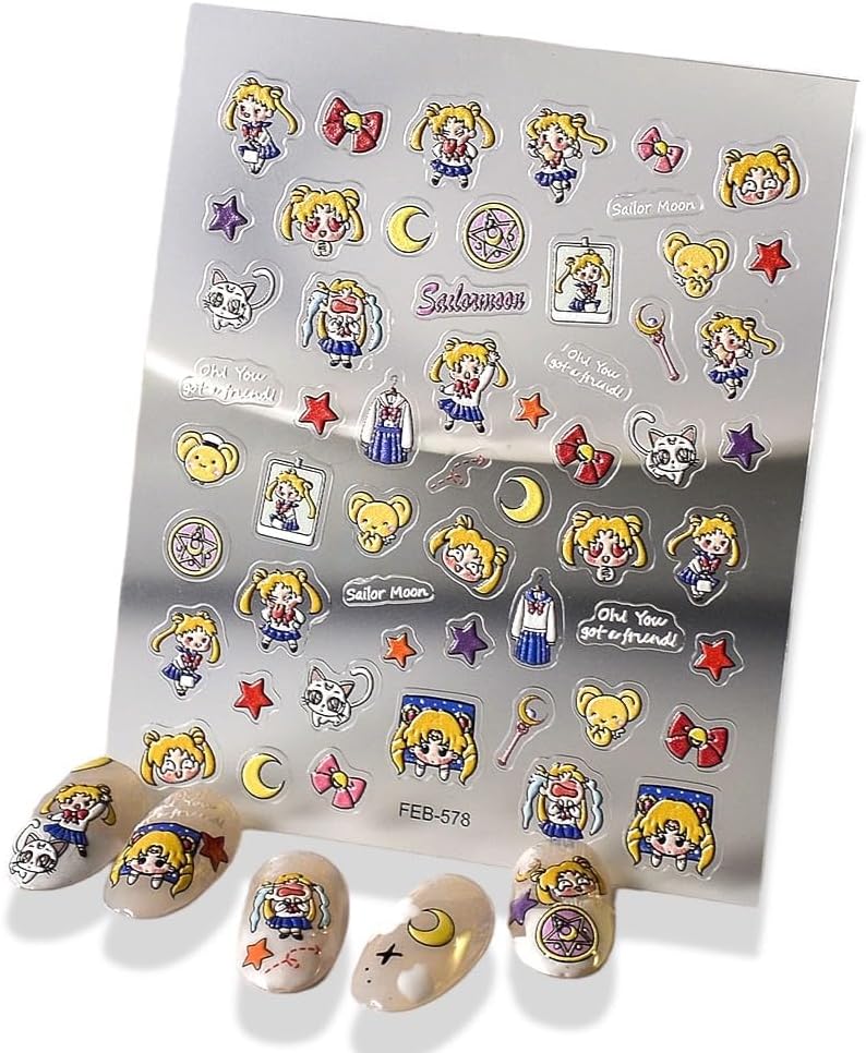 5D Sailor Moon Anime Nail Stickers - 3D Embossed DIY Self-Adhesive Decals - Kawaii Design Art for Nails (Usagi)