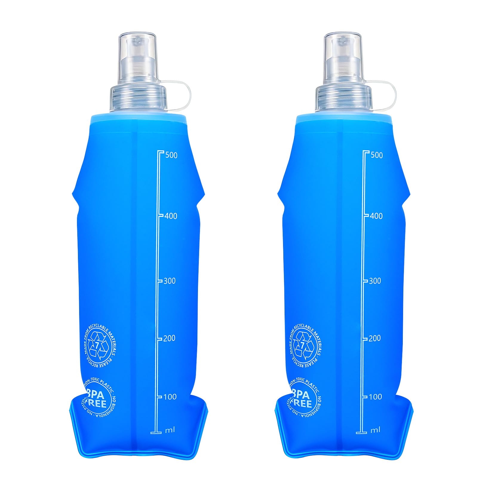 Vyuwast 2 Pack Collapsible Water Bottle, Foldable Water Bottle 500ML, Soft Flask Portable Running Bottles Leakproof Bladder Pouch for Running Hiking Cycling Travel Sports