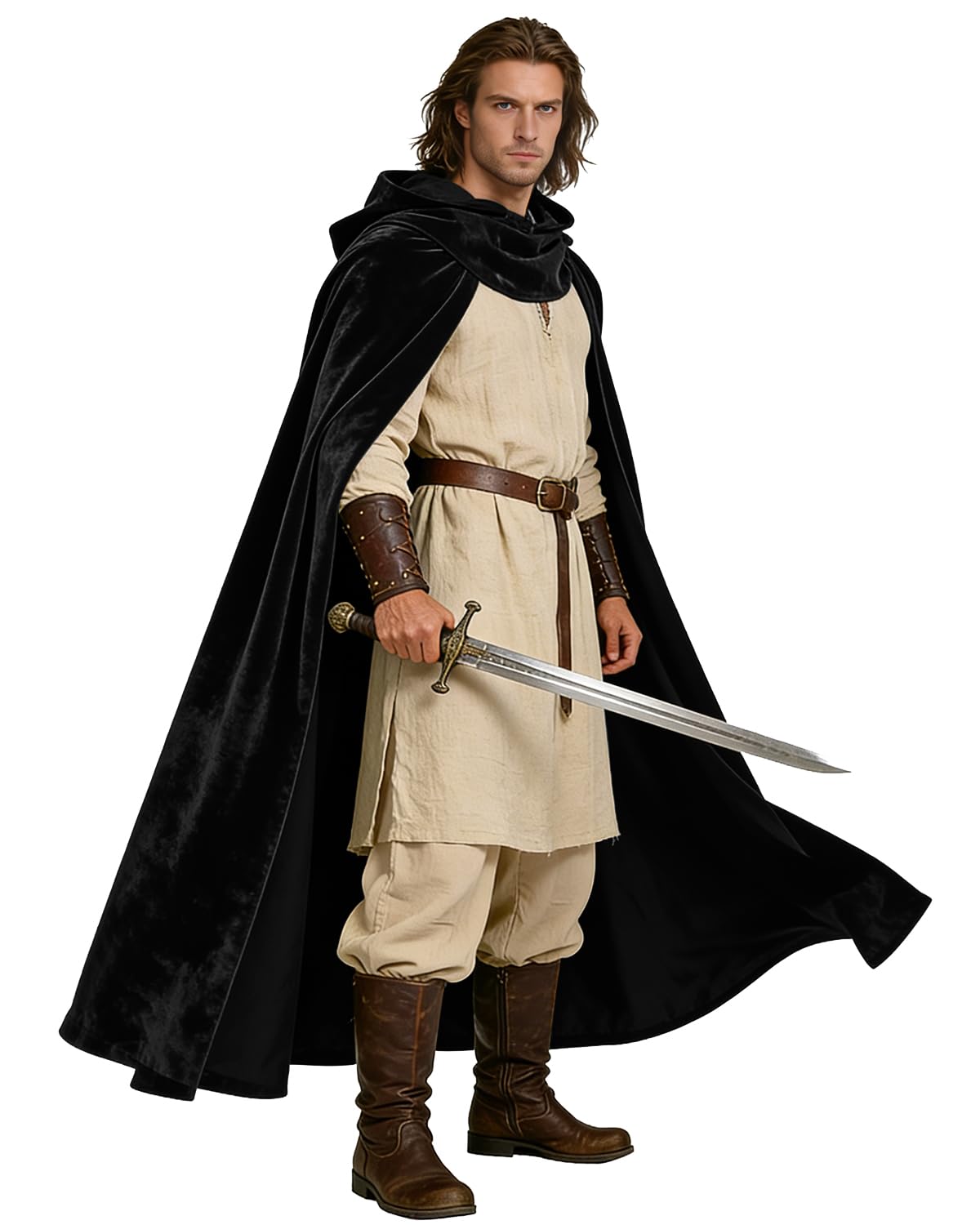 L'VOW Medieval Black Cloak with Hood Renaissance Hooded Cape - Women Men Halloween Assassin Creed Ninjia Cosplay Costume — image 1