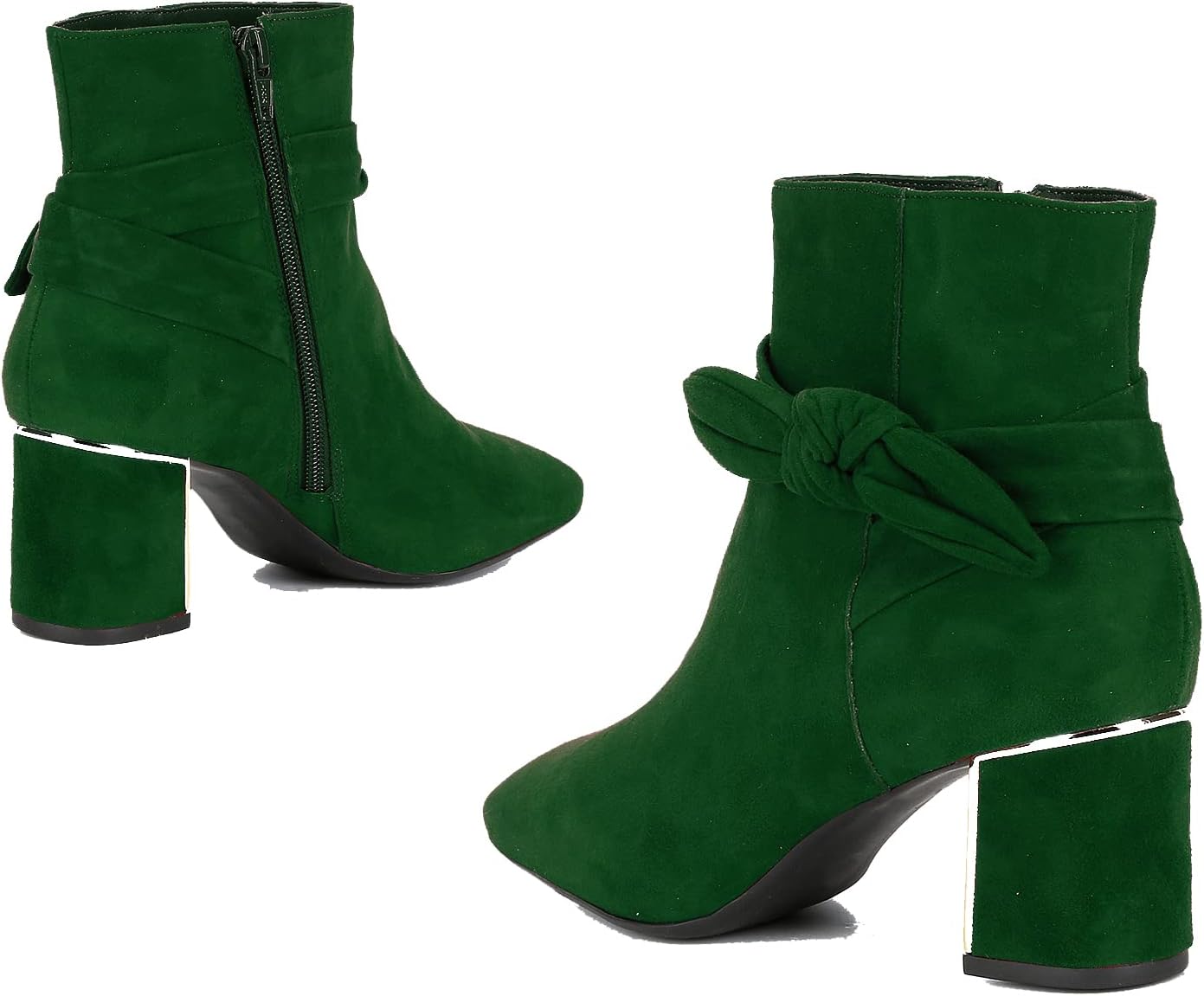 MOOMMO Women Chelsea Ankle Boots Bow Knot Chunky Block Heel Round Closed Toe Zipper Sock Booties Suede Leather Metallic Thick Heels Dress Boot Ladies Vintage Office Wedding Winter Fall Shoes 4-11 M US