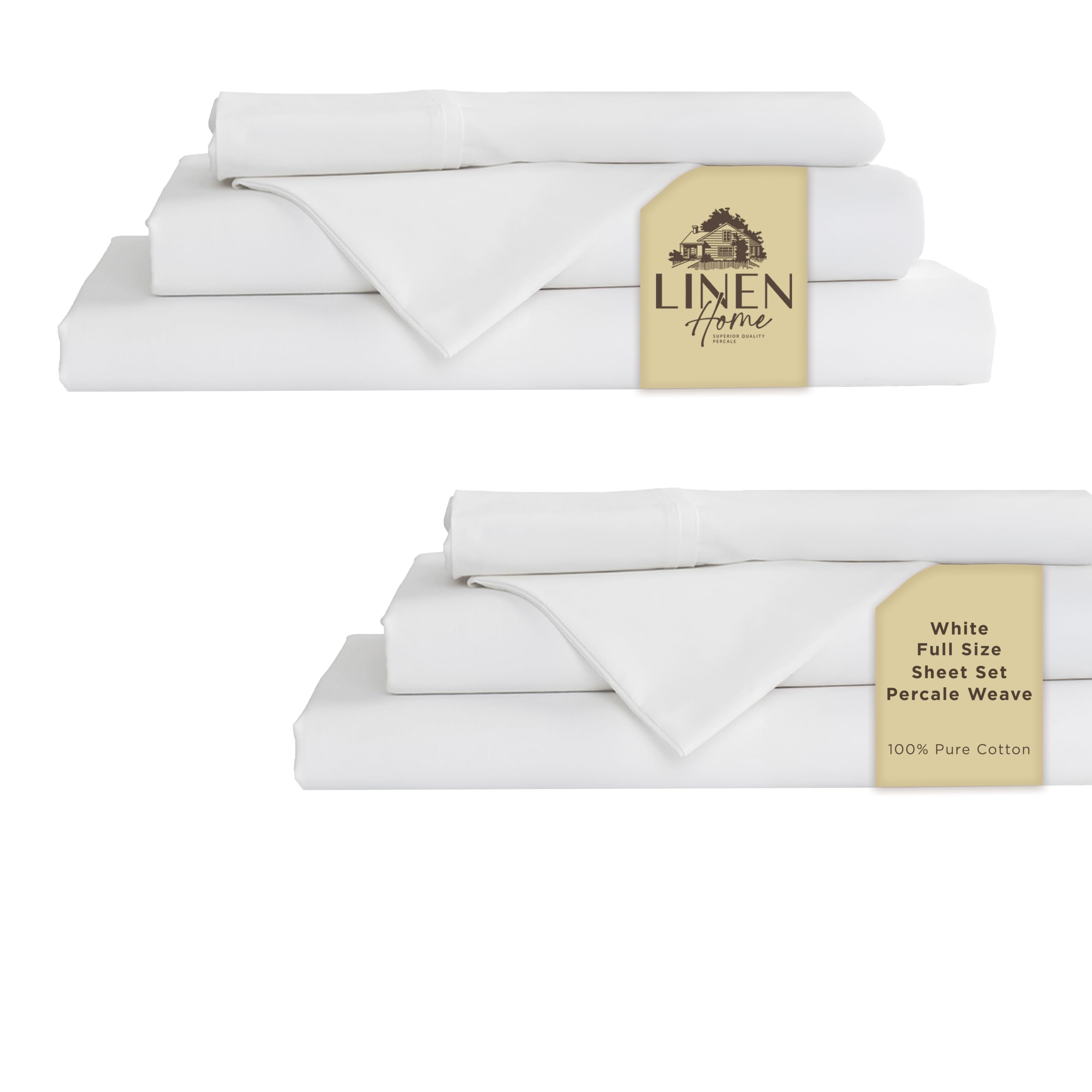 Linen Home 2-Pack Full Sheet Set, 100% Cotton Percale Bedding, 8-Piece Value Bundle, Deep Pocket Cooling Bed Sheets for Hot Sleepers, Breathable &amp; Crisp Hotel Quality, Long-Staple Cotton, White
