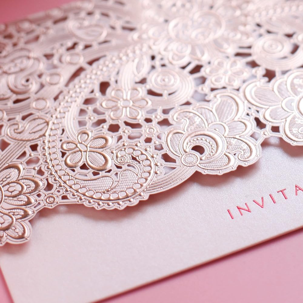 Faire Part De Mariage Cartes de mariage roses/rouges/dorées for les invités avec carte-cadeau imprimée gratuite Cartes d'invitation de mariage élégantes en papier 50 pièces Faire Part Mariage(Pink)