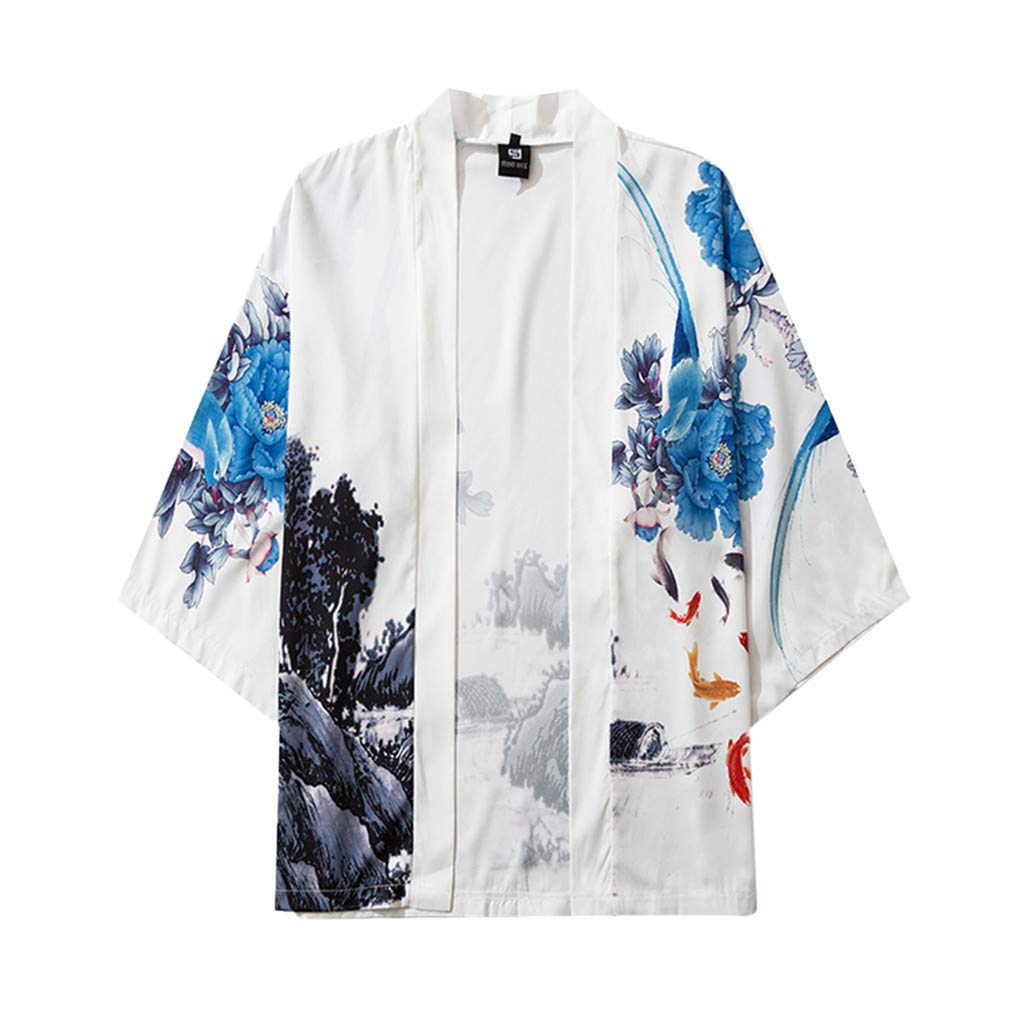 ToodiiIN Men T-Shirt Casual/Formal Loose Open Front 3/4 Sleeve Japanese Style Print Cover Up Cardigan White-picture-40
