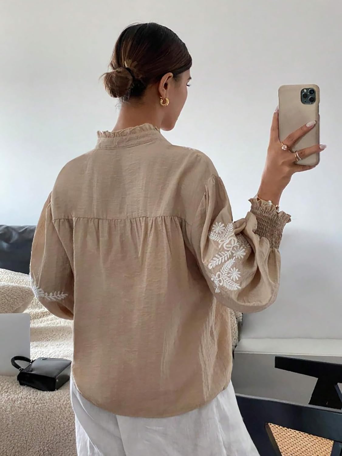 Women's Embroidered Puff Sleeve Blouse, Vintage Floral Boho V-Neck Button Down Shirts with Smocked Cuffs