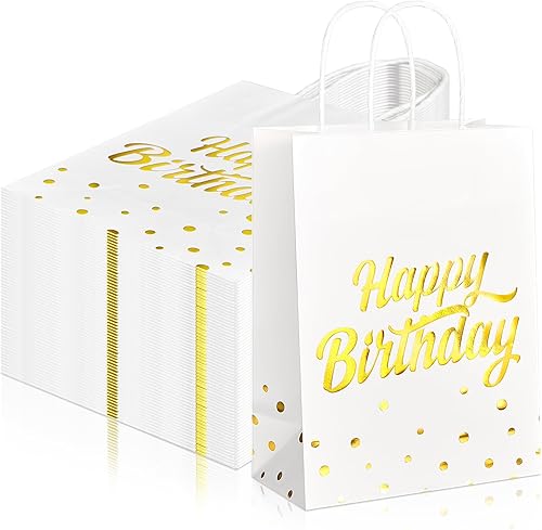 Miniatura 1 de Locmeo 50 bolsas de regalo de cumpleaños de papel de aluminio dorado con asas, bolsas de papel de lunares de lámina dorada a granel para niños y