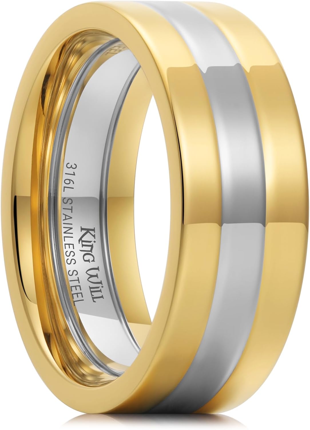 King Will 316L Stainless Steel Men's Wedding Band – 6/8 mm Dual-Tone Wedding Ring Polished Finish with Gold/Black Steel Plating, Fashionable and Durable Stainless Steel Men's Ring Size 7-14