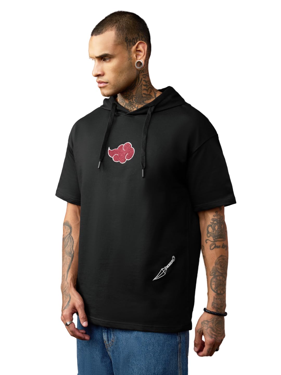 the souled store Naruto: Slayer Men and Boys Short Sleeve Hooded Black Embroidered Anime Casual Lightweight Drop Shoulder Streetwear Trendy Hooded T-Shirts-picture-46