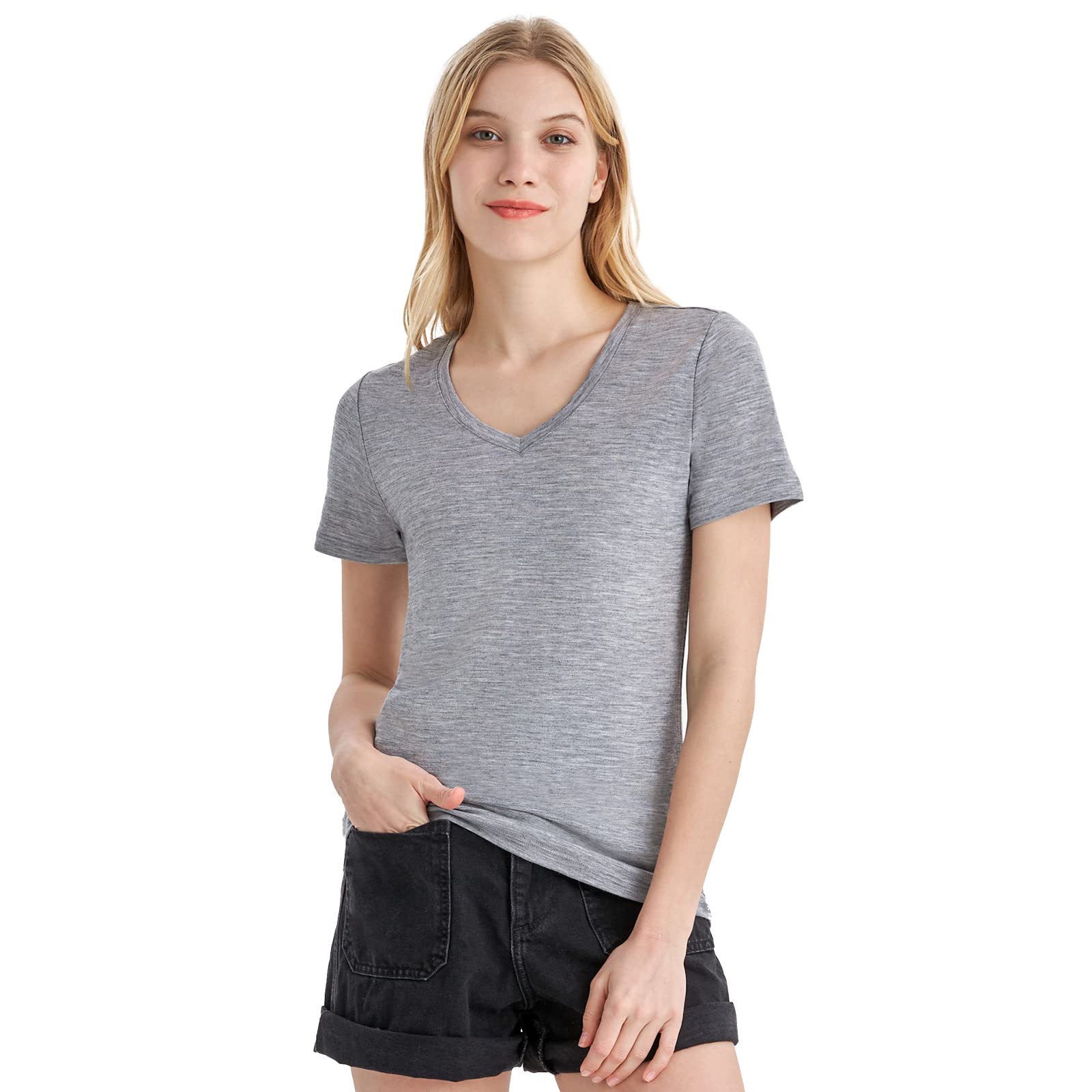 Merino Protect 100% Merino Wool V Neck T-Shirt for Women Short Sleeve Base Layers Odor Resistance Tops for Outdoor Hiking