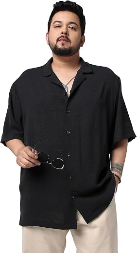Urbano Plus Men's Cotton Half Sleeve Relaxed Fit Textured Shirt with Cuban Collar