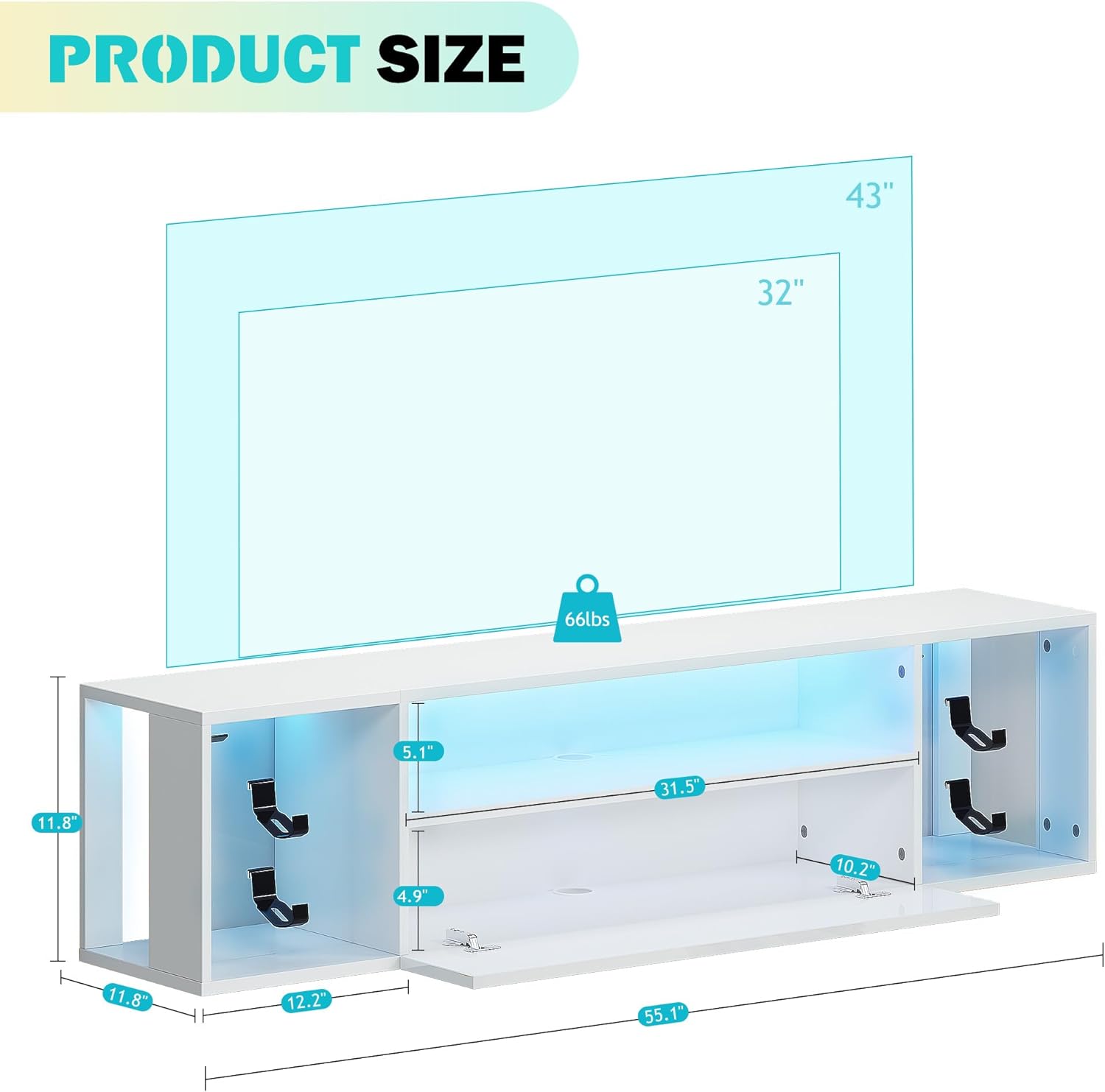 SogesHome Wall Mounted TV Stand with Storage Shelf 55 inch Floating Wall TV Cabinet Stand with LED Lights Modern Entertainment Center Media Console Table with Headphone Hooks