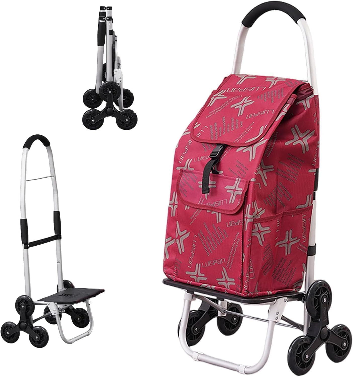 Shopping Trolley Stair Climber 2-in-1 Shopping Trolley Foldable Removable Bag Shopping Aid Trolley Waterproof 6 Wheels -Red