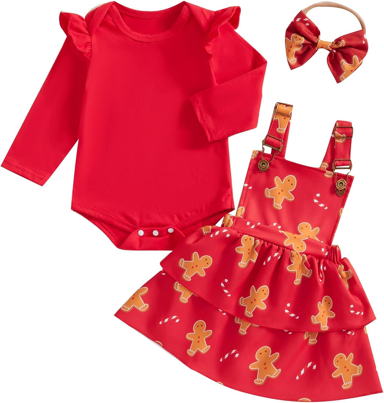 UUAISSO Ensemble Noël Bébé Fille : Barboteuse Manches Longues + Jupe Bretelles à Carreaux + Bandeau Nœud – Adorable Tenue Festive Nouveau-Né