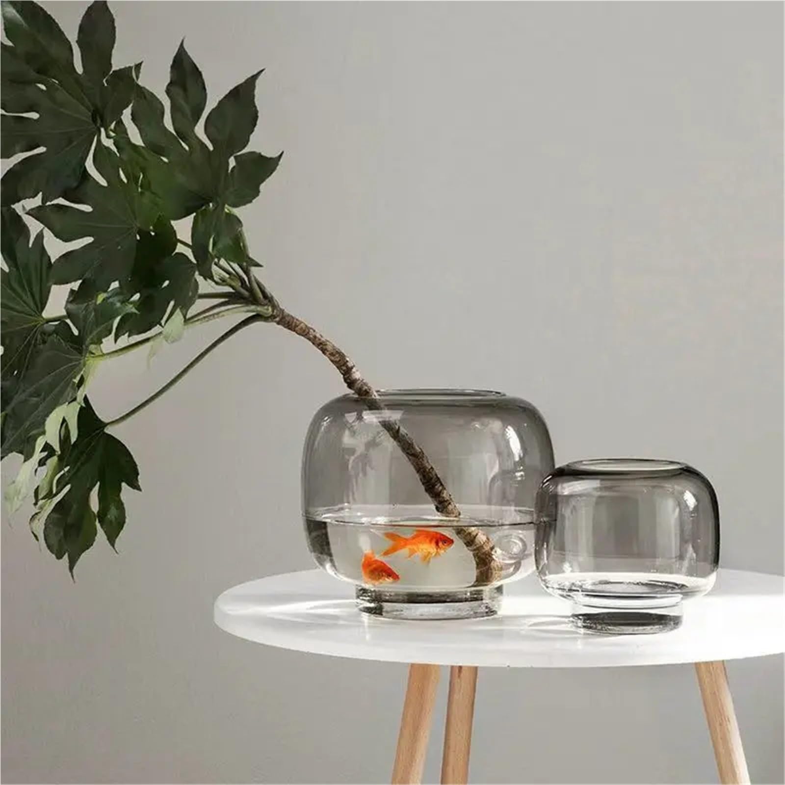 Vase Hydroponique Verre Vase en Verre Transparent avec Conception Circulaire à Grande Bouche, Table Manger for Salon, Arrangement Floral hydroponique, Ornement Double Usage(Small Gray)