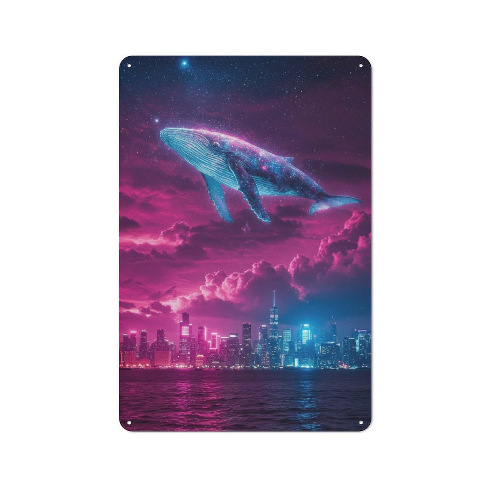 Junmoney Cosmic Whale Over Cityscape 30X20cm Retro-Style Tin Sign With For Café Or Home Bar, For Metal Sign Collectors, For Garage And Workshop Walls
