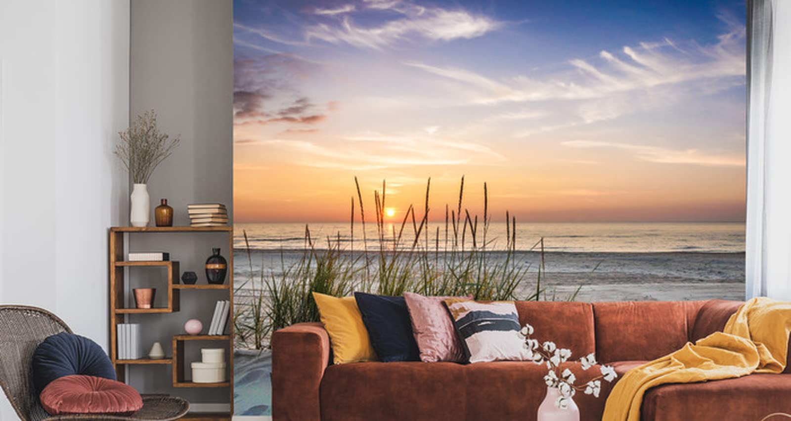 Muralo Fototapete Selbstklebend Vlies Meer, Strand, Dünen - 312x219 cm | Moderne Tapete, Sonnenuntergang - ideal für Wohnzimmer und Schlafzimmer, Schlafzimmer und Büro