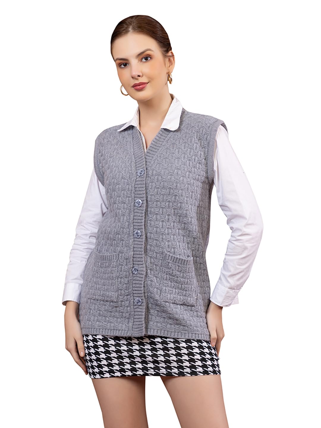 Women’s Woolen Sleeveless Cardigan | Stylish Button-Down Knit Sweater Vest with Pockets | Winter Layering Outfit for Girls & Ladies