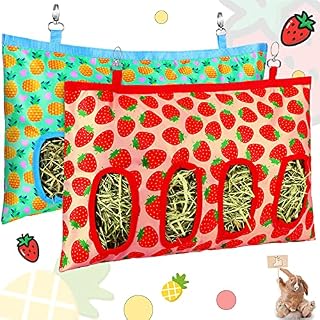2 Pieces Rabbit Hay Bag Small Animals Hay Feeder Bag Hanging Feeding Storage Guinea Pig Hanging Feeder Sack with 4 Holes for Small Pets Rabbit Bunny Hamster Guinea Pig (Pineapple, Strawberry)