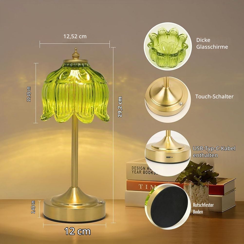 LED Vintage Tischlampe Dimmbar mit Touch Control Gold Tischleuchte mit Glas Lampenschirm Nachttischlampe Ohne Kabel Batterie Lampe USB Aufladbar 2000mAh Deko Lampe für Schlafzimmer Wohnzimmer,D