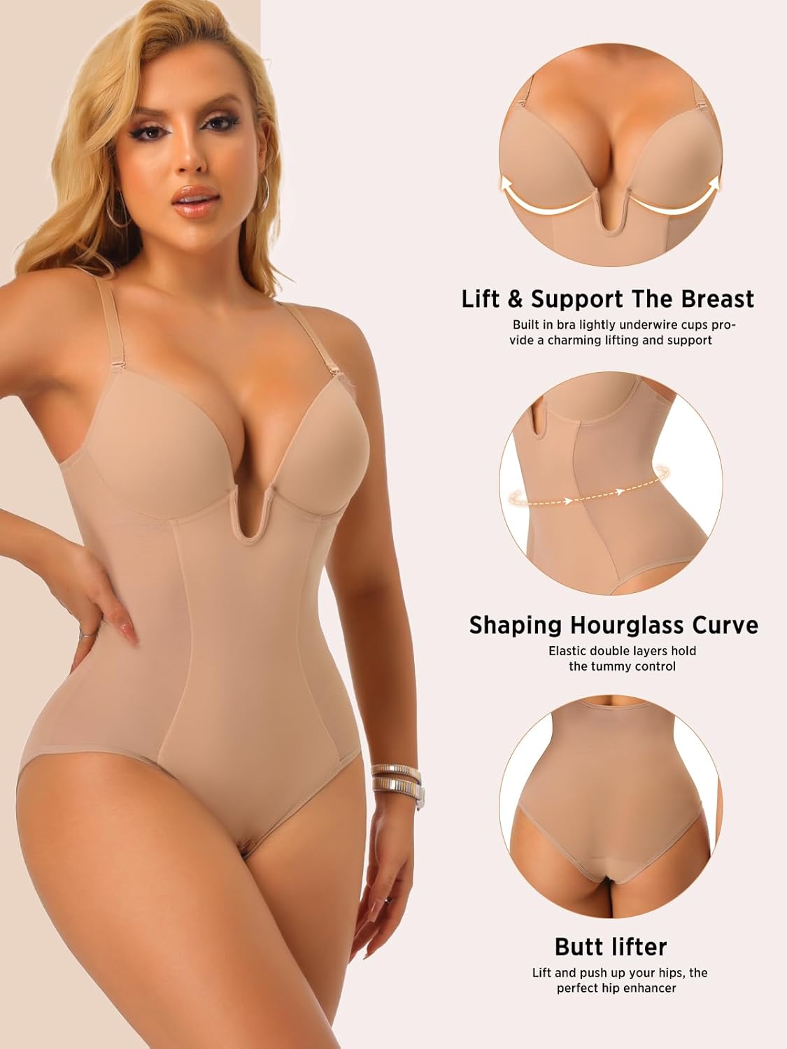JOYSHAPER Women Shapewear Bodysuit Built in Bra Tummy Control U Plunge Backless Body Shaper Bra Thong Body Suits - Image 2