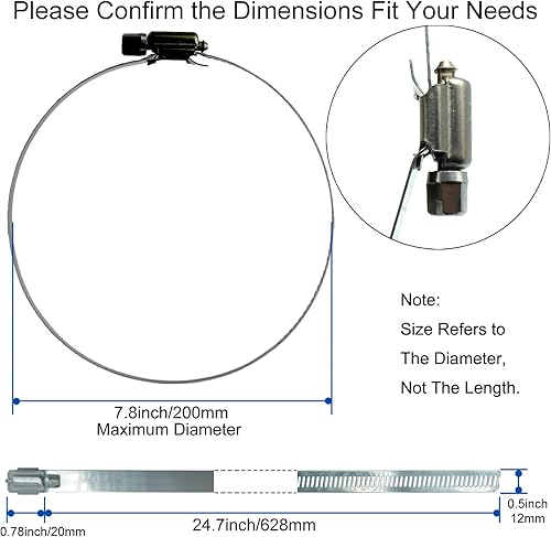 Miniatura 2 de 6 abrazaderas de metal ajustables de acero inoxidable 304 de 7.8 pulgadas/7.874 in, abrazaderas de manguera de engranaje helicoidal de alta