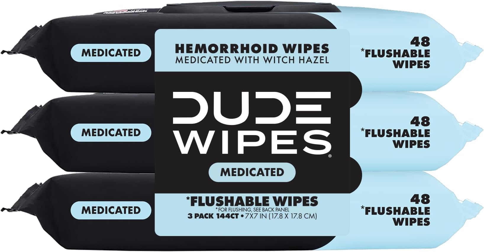 Medicated Flushable Wipes, Fragrance Free Wet Wipes with Witch Hazel, Vitamin E & Aloe, 48 Count (Pack of 3)