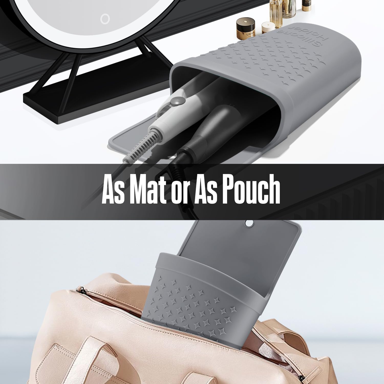 2 Pack Heat Resistant Silicone Hair Iron Mat and Pouch,Portable Travel Hair Straightener Mat and Holder for Hair Styling Tools.(Gray)