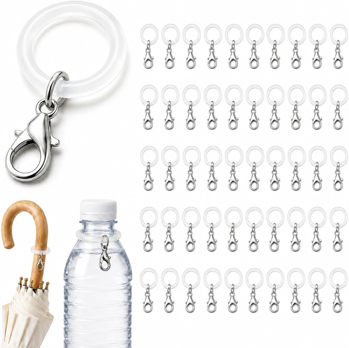 50 Clear White Stretchable Silicone Rings with Lobster Clasps