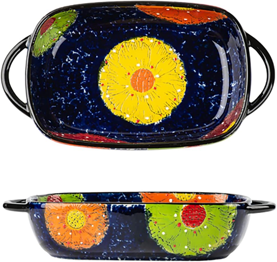 Vintage Style Pottery Bakeware Colorful Daisy Pattern Ceramic Casserole Dish Baking Pan Lasagna Pans Baking Dish with Handles from Oven to Table Plate-1 PCS, 22 OZ