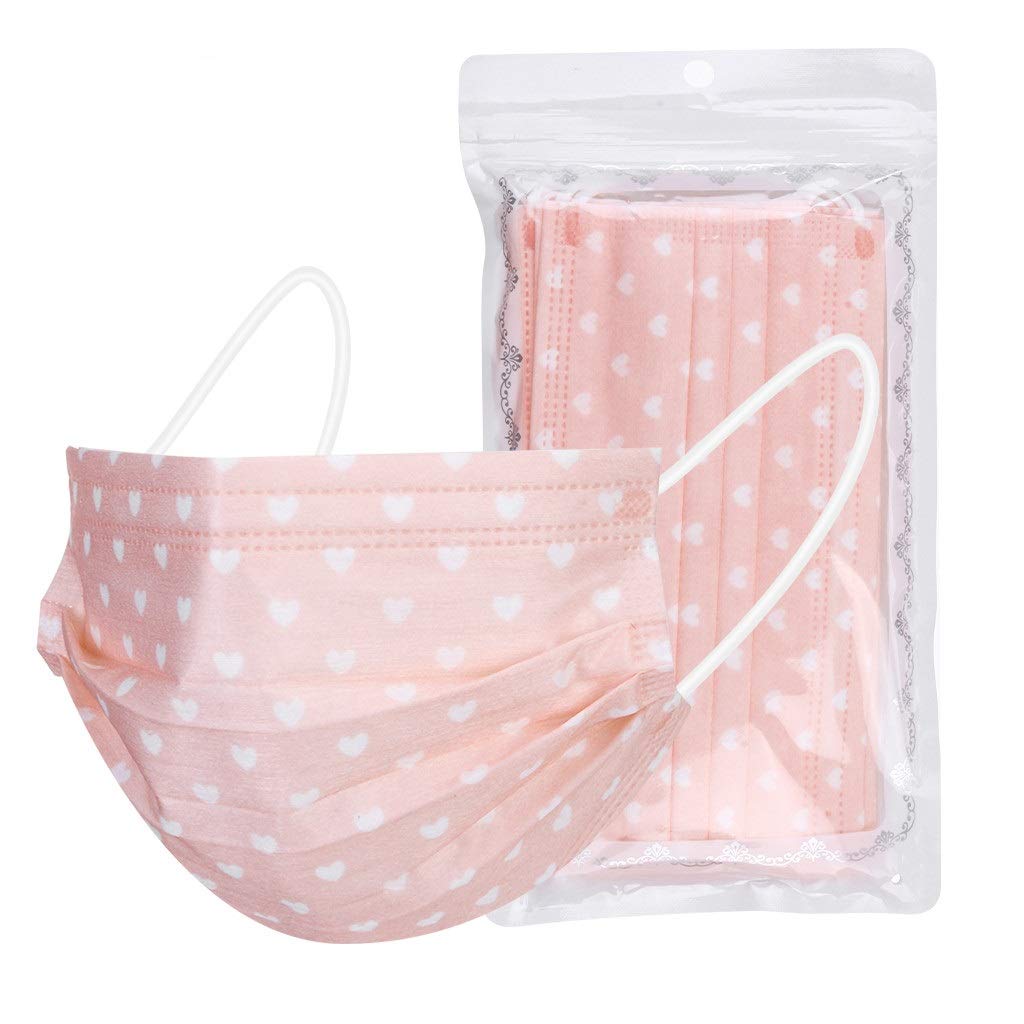 Viligee Adults 100PC Disposable Face Bandanas_Covering_MASK with Nose Clip,Love Heart Printed 3 Ply Breathable Non-Woven Design Dust Protection Comfort Ear Loop Face_Masks for Outdoor (D)