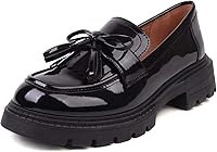 MASIKA Women's British Style Black Patent Leather Tassel Loafers - Thick Sole Slip-On Comfort Shoes, Plus Sizes Available