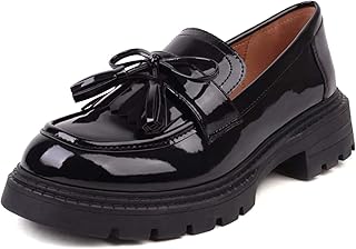British Style Women's Fashion Loafers, Patent Leather Tassel Loafers, Bl...
